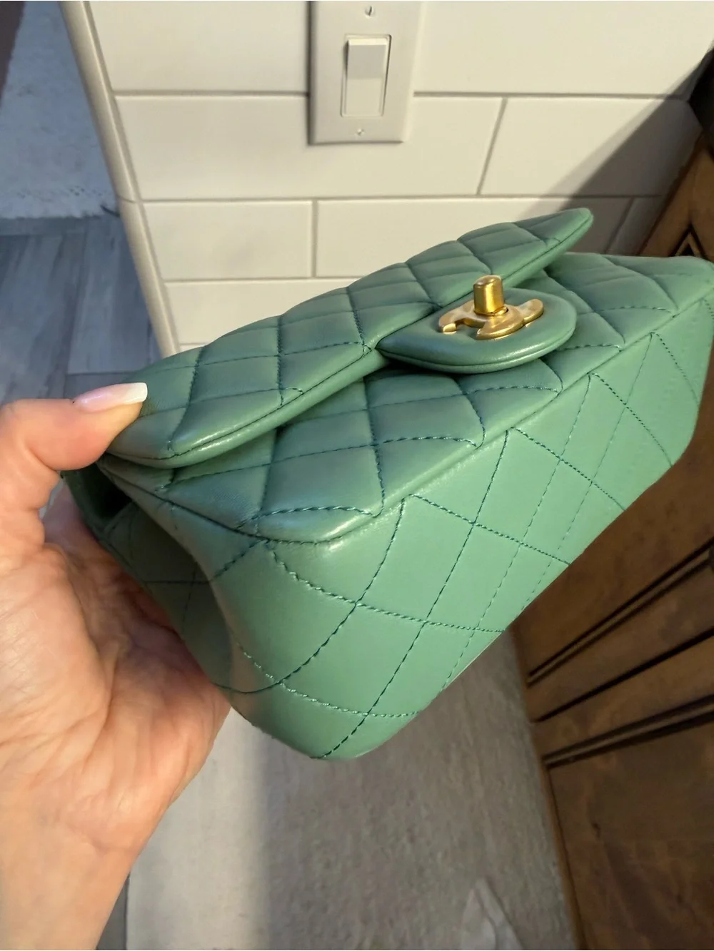 CHANEL Quilted Mint Green Lambskin Shoulder Bag with Gold Hardware